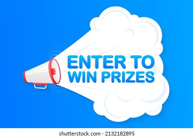 Megaphone blauer Banner mit Enter zu gewinnen Preisschild. Vektorgrafik