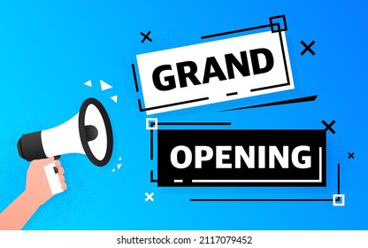 Megaphone blue banner with grand opening sign. Vector illustration