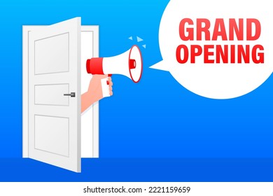 Megaphone blue banner with grand opening sign. Vector illustration