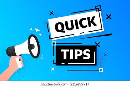 Megaphone blue banner with quick tips sign. Vector illustration.
