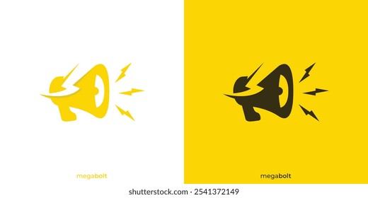 Megaphon Bolt Logo. Megaphon und Blitz mit minimalistischem Stil. Starkes Megaphon-Logo, Symbol, Symbol, Vektor, Design-Inspiration.