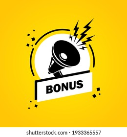 Megáfono con un cartel de burbuja de habla bonus. Altavoz. Etiqueta para negocios, marketing y publicidad. Vector de fondo aislado. EPS 10