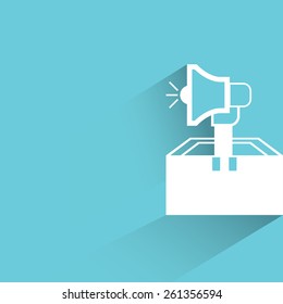 megaphone in a box on blue background, flat and shadow theme