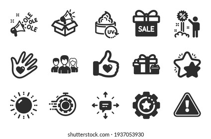 Megaphone box, Seo timer and Holiday presents icons set. Discount, Like hand and Sun energy signs. Vector