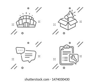 Megaphone box, Text message and Arena stadium line icons set. Spanner sign. Brand marketing, Chat bubble, Competition building. Repair service. Line megaphone box outline icon. Vector