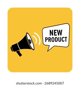 Megaphone broadcasting a new product launch with an accompanying speech bubble for business marketing communication.