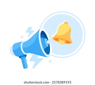 Megaphone bubble bell notification lightning flat. Expressive emblem geometric element. Blue and orange.
