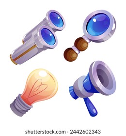 Megaphone, bulb, binoculars and magnify glass icon vector. Search business idea concept. Innovation development in company office work with team. Interesting project announcement with loudspeaker