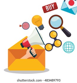 Megaphone bulb lupe share and envelope icon. Email marketing message communication and media theme. Colorful design. Vector illustration