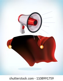 megaphone or bullhorn for amplifying the voice for protests rallies or public speaking. Funny super hero flying with cloak. Funny super hero flying with cloak.