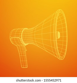 Megaphone or bullhorn for amplifying voice for protests rallies or public speaking. Wireframe low poly mesh vector illustration