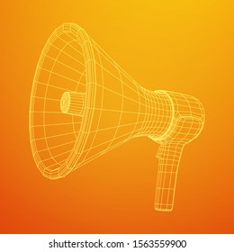 Megaphone or bullhorn for amplifying voice for protests rallies or public speaking. Wireframe low poly mesh vector illustration