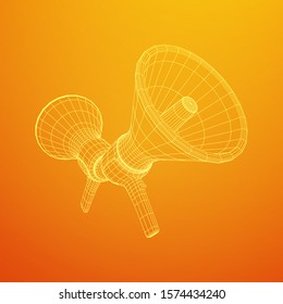 Megaphone or bullhorn for amplifying voice for protests rallies or public speaking. Wireframe low poly mesh vector illustration
