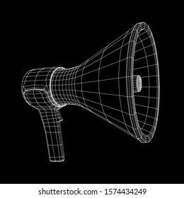 Megaphone or bullhorn for amplifying voice for protests rallies or public speaking. Wireframe low poly mesh vector illustration