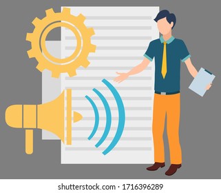 Megaphone bullhorn and document paper vector, character novice at work with clipboard. Wheel cogwheel process development symbol office worker male