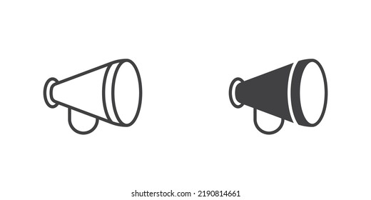 Megaphone, bullhorn icon, line and glyph version, outline and filled vector sign. Loudspeaker linear and full pictogram. Advertising symbol, logo illustration. Different style icons set