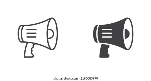 Megaphone, bullhorn icon. Loudspeaker line and glyph version, outline and filled vector sign. linear and full pictogram. Advertising symbol, logo illustration. Different style icons set