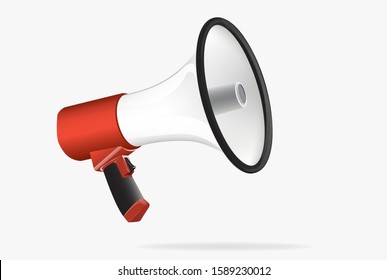 Megaphone, bullhorn or loudhailer isolated on white background. Portable acoustic device used to amplify voice or sound. Realistic vector illustration for advertisement, promotion, announcement.