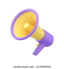 Megaphone bullhorn modern electronic loudspeaker realistic 3d icon vector illustration. Loud sound speaker communication public message purple yellow design. Marketing promo advertising device