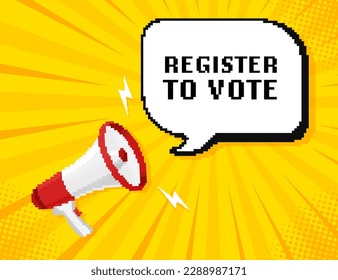 Megaphone, business concept with text register to vote. Pixel styleillustration. Vector stock illustration