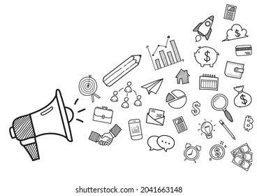 Megaphone mit Business-Doodles handgezeichnete Symbole. Vektorgrafik