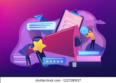 Megaphone and businessmen rate with stars and thumb up icons. Rank and rating scale, high-ranking, top-ranking concept on ultraviolet background. Bright vibrant violet vector isolated illustration