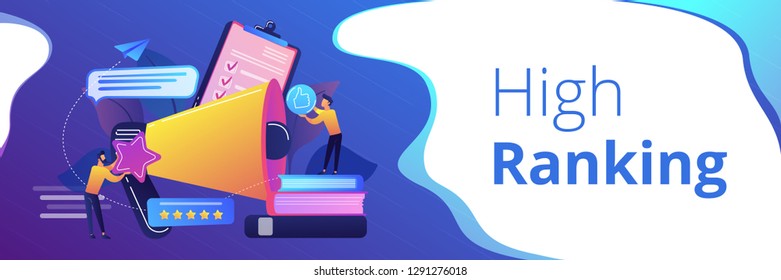 Megaphone and businessmen rate with stars and thumb up icons. Rank and rating scale, high-ranking, top-ranking concept on white background. Header or footer banner template with copy space.