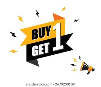 megaphone with buy one get one speech bubble, business design, marketing, announcement, discount, cashback. creative banner. editable vector eps 10.
