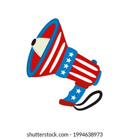 Megaphone by July 4th in national colors of United States of America. Shout for USA Independence or Election Day. Hand drawn Vector illustration for a festive decoration in doodle style.