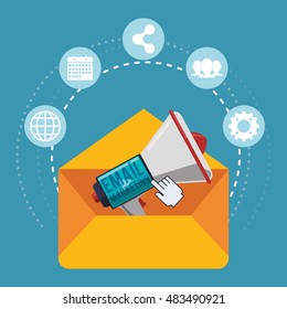 Megaphone calendar share gear and envelope icon. Email marketing message communication and media theme. Colorful design. Vector illustration