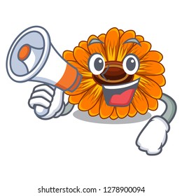 With megaphone calendula flowers in the cartoon pots
