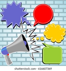 megaphone with call out shapes on a bricks background, vector graphics illustration