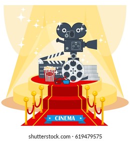 Megaphone, camera and clapboard on luxurious catwalk with red carpet. Flat vector cartoon illustration. Objects isolated on a white background.