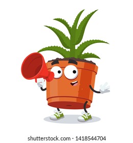 With megaphone cartoon aloe vera plant in a pot character mascot on white background