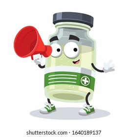 With megaphone cartoon antiviral vaccine glass bottle character mascot on white background