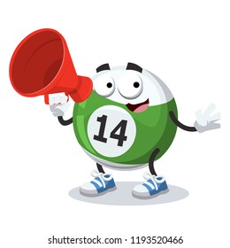 With megaphone cartoon billiard ball character mascot on white background