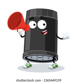 With megaphone cartoon black car oil filter character mascot on white background