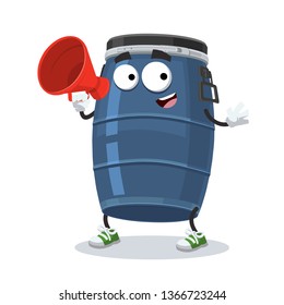 With megaphone cartoon blue plastic storage barrel character mascot on white background