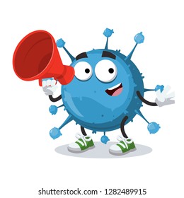 With Megaphone Cartoon Blue Virus Cell Character Mascot On White Background