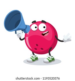 With megaphone cartoon bowling ball character mascot on white background