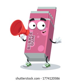 With Megaphone Cartoon Chewing Bubble Gum In Pink Pack Character Mascot On White Background