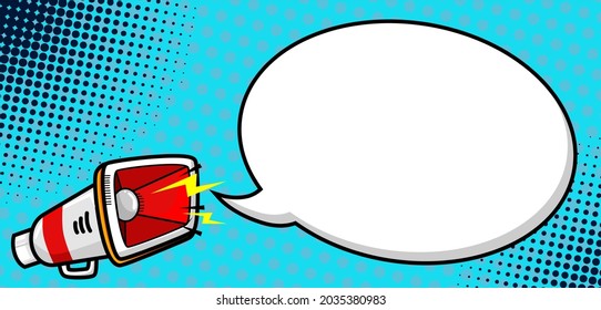 megaphone cartoon comic illustration with blank speech bubble on halftone blue background