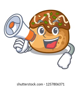 With megaphone cartoon cooking takoyaki in baked fire
