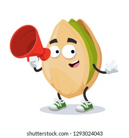 With megaphone cartoon cracked pistachio nut character mascot on white background