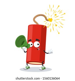 With megaphone cartoon dynamite stick with a lit wick character mascot on white background