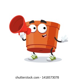 With megaphone cartoon empty clay pot for plants character mascot on white background
