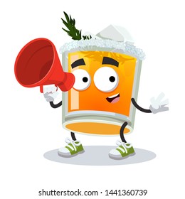 With megaphone cartoon glass of Winter Sun cocktail character mascot on white background