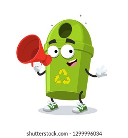 With megaphone cartoon green round recycle bin garbage can character mascot on white background