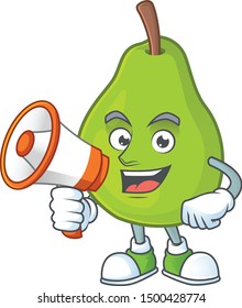 With megaphone cartoon guava mascot on white background