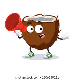 With megaphone cartoon half of fresh coconut character mascot on white background